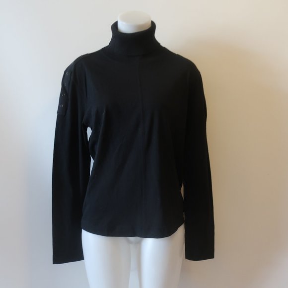 Womens John Bartlett Black Wool Blend Mixed Media Turtleneck Sweater L * - Picture 2 of 11